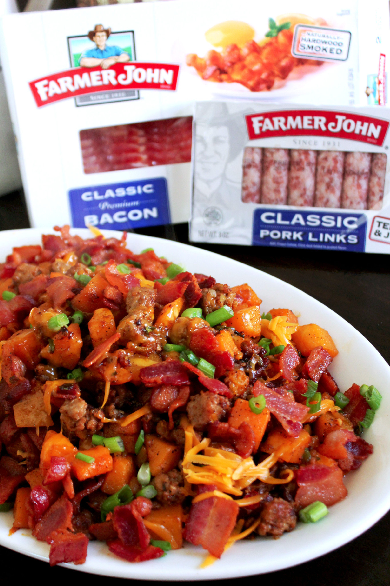 roasted butternut squash hash with farmer john® classic premium bacon and farmer john® classic pork sausage links